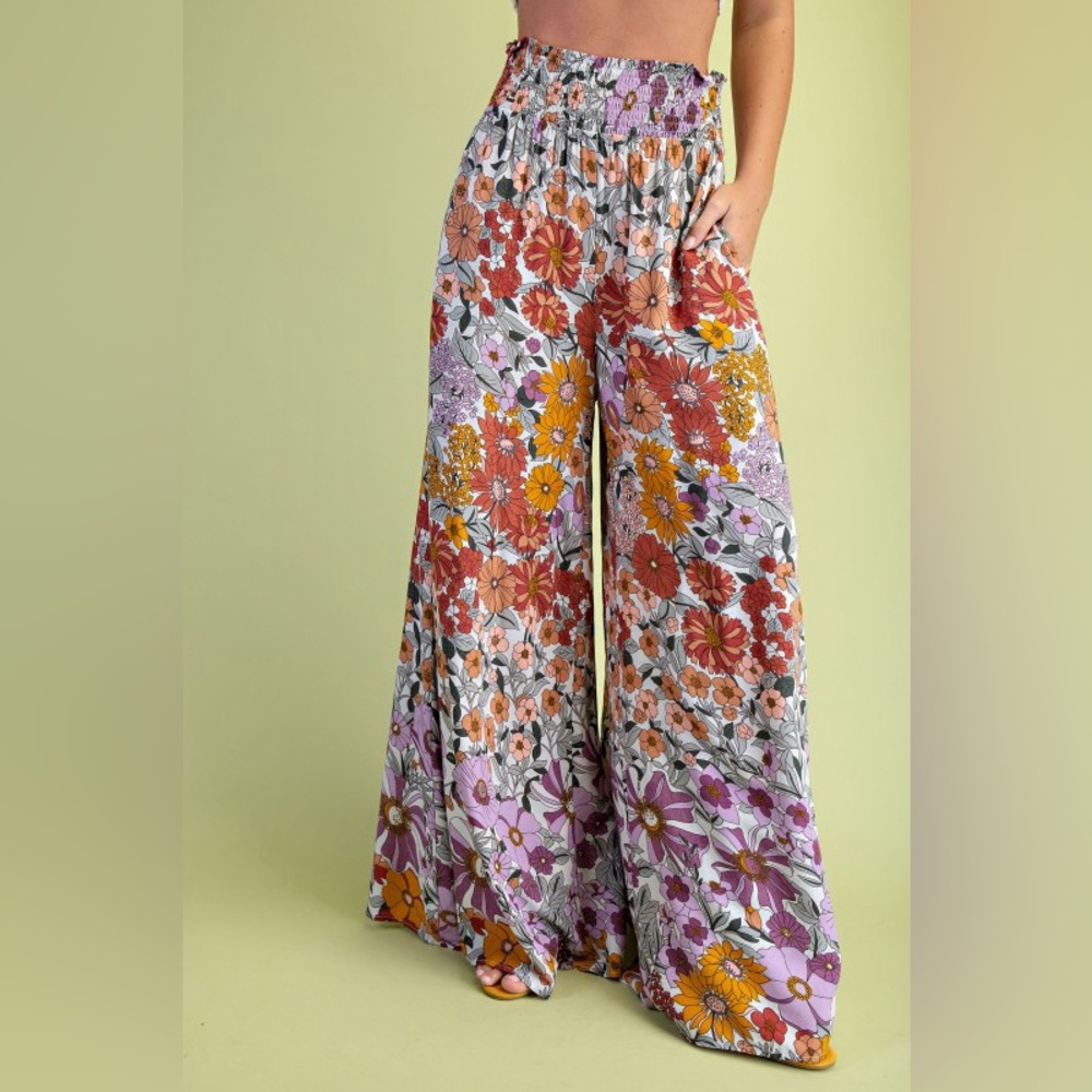 💚 3246. Floral Boho Smocked Waist Wide Leg Pants - Picture 2 of 12